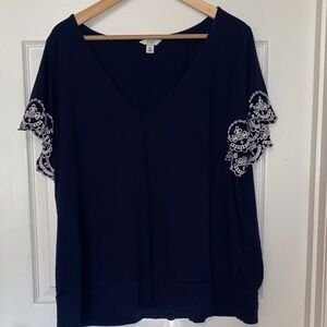Crown & Ivy Navy Blouse with Lace Detail